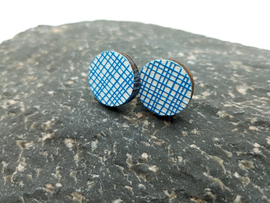 Preview: Strich Muster 3D Holz Scheiben Ohrstecker blau